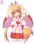  animal_ear_fluff animal_ears artist_logo blonde_hair commentary_request cosplay cowboy_shot dated detached_sleeves fox_ears fox_tail highres kanon_(kurogane_knights) kantai_collection kemomimi_oukoku_kokuei_housou kemonomimi_mode long_hair look-alike looking_at_viewer low_twintails mikoko_(kemomimi_oukoku_kokuei_housou) mikoko_(kemomimi_oukoku_kokuei_housou)_(cosplay) navel pleated_skirt red_skirt satsuki_(kantai_collection) simple_background skirt solo tail thighhighs twintails virtual_youtuber white_background white_legwear yellow_eyes 
