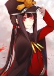  &gt;:) absurdres brown_cape brown_hair fate/grand_order fate_(series) hair_ribbon hat highres jacket long_sleeves looking_at_viewer male_focus military_hat nanakaku oda_nobukatsu_(fate/grand_order) pink_background ponytail red_eyes red_jacket red_ribbon ribbon smile solo 