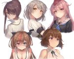  ahoge bangs bell bell_choker blue_eyes blue_neckwear blush braid breasts brown_hair choker cleavage closed_mouth collarbone cropped_torso eyebrows_visible_through_hair french_braid girls_frontline green_eyes grizzly_mkv_(girls_frontline) hat heterochromia high_collar jacket large_breasts leaning_forward lee-enfield_(girls_frontline) long_hair looking_at_another looking_at_viewer looking_back medium_breasts mk_23_(girls_frontline) motokonut multicolored_hair multiple_girls ntw-20_(girls_frontline) pink_eyes pink_hair purple_eyes red_eyes sailor_collar shirt short_hair short_sleeves silver_hair simple_background smile streaked_hair uniform vector_(girls_frontline) very_long_hair white_background yellow_eyes 