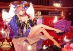  animal_ears bare_shoulders bell bow breasts bug butterfly cleavage collarbone detached_sleeves fang fate/extra fate/grand_order fate_(series) flower fox_ears fox_tail guaizi hair_bow hair_ribbon highres indoors insect japanese_clothes jingle_bell large_breasts long_hair mirror multiple_tails open_mouth petals pink_hair red_flower red_rose ribbon rose rose_petals sitting solo suiten_nikkou_amaterasu_yanoshisu_ishi tail tamamo_(fate)_(all) tamamo_no_mae_(fate) very_long_hair yellow_eyes 