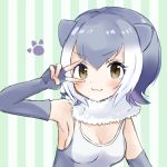  :3 animal_ears armpits blush breasts cleavage commentary_request detached_collar elbow_gloves eyebrows_visible_through_hair fingerless_gloves fur_collar gloves gradient_hair grey_gloves grey_hair hand_up hekicho highres kemono_friends looking_at_viewer multicolored_hair otter_ears partial_commentary sleeveless small-clawed_otter_(kemono_friends) solo striped striped_background upper_body v v_over_eye white_hair 