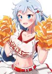  bangs belt blue_eyes cheerleader commentary_request cowboy_shot hair_ornament hairclip highres idolmaster idolmaster_million_live! idolmaster_million_live!_theater_days light_blue_hair long_hair moment_(moment_607) navel open_mouth pom_poms shiraishi_tsumugi skirt solo stomach sweat 
