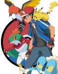  absurdres backpack bag black_shirt blue_jacket fletchinder froakie gloves hat hawlucha highres jacket pikachu pokemon pokemon_(anime) pokemon_on_shoulder pokemon_xy_(anime) satoshi_(pokemon) shirt suke_(158628) wristband 