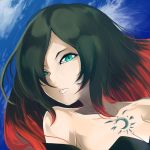  1girl bare_shoulders black_hair blue_eyes breasts crow_(gravity_daze) detached_sleeves gravity_daze gravity_daze_2 hair_over_one_eye lipstick makeup multicolored_hair red_hair solo two-tone_hair 