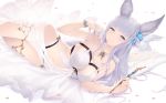  animal_ears bangs blue_eyes blunt_bangs breasts cait cleavage commentary flower granblue_fantasy hair_flower hair_ornament highres holding korwa long_hair looking_at_viewer lying medium_breasts on_side parted_lips petals quill see-through silver_hair solo swimsuit 