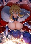  absurdres armor armored_dress artoria_pendragon_(all) artoria_pendragon_(lancer) blonde_hair blue_eyes breasts cape commentary_request covered_navel crown eyebrows_visible_through_hair eyes_visible_through_hair fate/grand_order fate_(series) fur_collar gauntlets glowing glowing_weapon highres lance large_breasts looking_at_viewer nekosama_shugyouchuu pixiv_fate/grand_order_contest_2 polearm red_cape serious solo weapon 