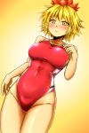  blonde_hair blush breasts closed_mouth competition_swimsuit d-m_(dii_emu) hair_ornament highres large_breasts one-piece_swimsuit red_swimsuit short_hair solo swimsuit toramaru_shou touhou yellow_background yellow_eyes 