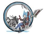  animal_ears blue_eyes blue_hair blue_pants bottle brown_footwear closed_mouth commentary_request doitsuken fox_ears from_side grey_footwear highres long_sleeves looking_at_viewer monowheel original pants revision science_fiction simple_background sitting smile solo wheel white_background 