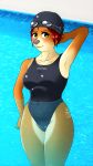  2018 anthro big_breasts big_eyes blush breasts brown_fur buffbumblebee_(artist) cervine clothed clothing competition_swimsuit digital_drawing_(artwork) digital_media_(artwork) eyewear female front_view frown fur goggles hair hi_res invalid_tag mammal one-piece_swimsuit outside partially_submerged pool_(disambiguation) red_hair shiny solo spandex swim_cap swimsuit tight_clothing water wet wide_hips 