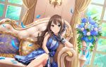  artist_request bangs bare_shoulders blue_dress blue_flower blue_rose bouquet brown_hair couch crossed_legs curtains dress earrings eternal_bloom_(idolmaster) feathers flower gloves green_eyes hair_ornament highres idolmaster idolmaster_cinderella_girls idolmaster_cinderella_girls_starlight_stage jewelry lace long_hair looking_at_viewer necklace official_art parted_lips pillow ribbon rose shibuya_rin sitting sleeveless sleeveless_dress window 