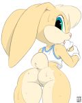  2018 anthro bottomless butt clothed clothing dessert digital_media_(artwork) female food green_eyes hair ice_cream lagomorph lola_bunny looking_at_viewer looking_back looney_tunes mammal pussy rabbit rear_view signature simple_background solo sweat thick_thighs tongue tongue_out warner_brothers white_background xylas 