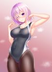  black_legwear black_swimsuit competition_swimsuit covered_navel cowboy_shot eyes_visible_through_hair fate/grand_order fate_(series) gradient gradient_background hair_over_one_eye highres mash_kyrielight one-piece_swimsuit pantyhose pantyhose_under_swimsuit pink_background purple_eyes purple_hair short_hair solo standing swimsuit zuizhong 