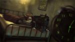  alarm_clock anthro bed canine clock clothing digital_media_(artwork) dimikendal101 fallout female fingerless_gloves foreshortening glare gloves grumpy gun katinka_vexoria koul mammal on_bed ranged_weapon solo under_covers video_games waking_up weapon 
