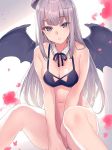  bare_legs bare_shoulders between_legs bottomless breasts cleavage convenient_censoring demon_girl demon_wings hand_between_legs hat long_hair looking_at_viewer original silver_eyes silver_hair wings yashiro_seika 