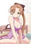  2017 akai_akasaki akigumo_(kantai_collection) blush breasts calendar_(object) cleavage commentary_request drawing forehead green_eyes kantai_collection lingerie long_hair looking_at_viewer mole mole_under_eye negligee pen seiza sitting smile solo table twitter_username underwear 
