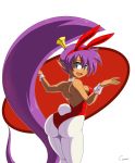  1girl ass bare_shoulders blue_eyes breasts bunny_ears bunny_tail bunnysuit canime dark_skin from_behind long_hair looking_back medium_breasts pantyhose ponytail purple_hair shantae_(character) shantae_(series) simple_background solo thick_thighs very_long_hair white_legwear wrist_cuffs 