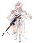  absurdres blue_ribbon boots breasts bridal_veil cape cleavage commentary dragunov_svd dress english_commentary eyebrows_visible_through_hair finger_to_face full_body girls_frontline gloves gun hair_between_eyes hair_ornament hairclip high_heel_boots high_heels highres holding holding_gun holding_weapon holster index_finger_raised large_breasts leg_garter long_hair looking_at_viewer low-tied_long_hair petals ribbon rifle shan silver_eyes silver_hair simple_background smile sniper_rifle solo standing strapless strapless_dress svd_(girls_frontline) thigh_holster veil very_long_hair weapon white_background white_cape white_dress white_footwear white_gloves 