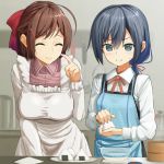  ahoge alternate_hairstyle apron asashio_(kantai_collection) belt black_hair blue_apron blue_eyes blush bowl breasts brown_hair buttons closed_eyes cooking dish dress food food_on_face hair_ornament hair_ribbon hairclip kantai_collection kappougi kitchen kuronaga ladle large_breasts long_hair long_sleeves mamiya_(kantai_collection) multiple_girls neck_ribbon nori_(seaweed) onigiri pinafore_dress plate ponytail pot red_ribbon remodel_(kantai_collection) ribbon rice rice_on_face school_uniform shirt small_breasts smile spatula white_shirt 