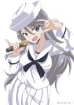  bangs blouse commentary cowboy_shot dixie_cup_hat eyebrows_visible_through_hair flint_(girls_und_panzer) fox_shadow_puppet girls_und_panzer grey_eyes grey_hair hat head_tilt holding holding_microphone long_hair long_skirt long_sleeves looking_at_viewer microphone military_hat navy_blue_neckwear ooarai_naval_school_uniform open_mouth pinky_out pleated_skirt sailor sailor_collar school_uniform shibagami simple_background skirt smile solo standing twitter_username white_background white_blouse white_hat white_skirt 