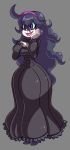  1girl @_@ ahoge al_bhed_eyes dress eyebrows_visible_through_hair full_body grey_background hairband hex_maniac_(pokemon) long_dress long_hair nail_polish nevarky pokemon pokemon_(game) pokemon_xy purple_eyes purple_hair simple_background smile solo very_long_hair 