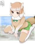  :3 animal_ears between_legs black-tailed_prairie_dog_(kemono_friends) brown_eyes commentary_request eyebrows_visible_through_hair fur_collar gradient_legwear green_neckwear green_skirt hand_between_legs highres kemono_friends kokuin light_brown_hair light_brown_legwear light_brown_sweater long_sleeves multicolored multicolored_clothes multicolored_hair multicolored_legwear necktie plaid plaid_skirt pleated_skirt prairie_dog_ears prairie_dog_tail short_hair sitting skirt solo sweater tail thighhighs wariza white_hair white_legwear 