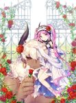  1girl asterios_(fate/grand_order) bare_legs barefoot black_sclera dark_skin dress earrings euryale fate/grand_order fate_(series) flower hair_flower hair_ornament hairband holding holding_flower hoop_earrings horns jewelry long_hair looking_at_viewer pixiv_fate/grand_order_contest_2 purple_eyes purple_hair red_eyes red_flower red_rose rose sash sitting_on_shoulder size_difference smile soriya twintails white_dress white_hair 