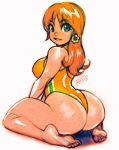  1girl ass back barefoot breasts curvy erect_nipples female hair_down hips huge_ass kneeling looking_back mario_(series) medium_breasts nintendo one-piece_swimsuit princess_daisy red_hair robert_porter shiny_skin smile solo super_mario_bros. super_mario_land super_mario_world swimsuit thick_thighs thighs wide_hips 