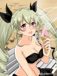  anchovy bangs bench bikini black_bikini black_ribbon breasts chikomayo cleavage commentary_request drill_hair eyebrows_visible_through_hair food girls_und_panzer green_hair hair_ribbon holding holding_food ice_cream_cone lens_flare long_hair looking_at_viewer medium_breasts open_mouth red_eyes ribbon sarong sitting smile solo sunlight swimsuit twin_drills twintails twitter_username 
