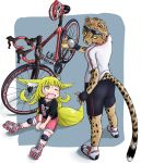  &gt;_o absurdres animal_ears ass bicycle bike_shorts black_shirt blonde_hair brown_eyes cheetah commentary_request cup doitsuken fang fingerless_gloves fox_child_(doitsuken) fox_ears fox_tail from_behind furry gloves grey_background ground_vehicle highres holding holding_cup knee_pads on_ground one_eye_closed open_mouth original pedal pink_footwear pink_shorts shirt short_sleeves shorts skates sweatdrop tail wheel white_footwear white_shirt yellow_eyes yellow_sclera 
