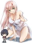  1girl bangs bare_arms bare_shoulders barefoot black_hair blue_eyes breasts brown_footwear character_doll cleavage collarbone commentary_request couple darling_in_the_franxx eyebrows_visible_through_hair green_eyes hair_ornament hairband herozu_(xxhrd) hetero hiro_(darling_in_the_franxx) horns kneeling large_breasts lipstick long_hair long_sleeves looking_at_viewer makeup military military_uniform necktie nightgown oni_horns pink_hair red_horns red_neckwear shoes sleeveless socks strap_slip thighs tongue tongue_out uniform white_hairband white_nightgown zero_two_(darling_in_the_franxx) 