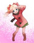  :d aqua_eyes blonde_hair blush boots bow coat commentary earrings fang hair_bow highres jewelpet_(series) jewelpet_twinkle jewelry miria_marigold_mackenzie nyama open_mouth pink_background pom_pom_(clothes) red_bow red_coat salute smile solo twintails 