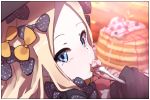  abigail_williams_(fate/grand_order) bad_id bad_pixiv_id bangs black_bow black_dress black_hat blonde_hair blue_eyes blurry blurry_background blush bow closed_mouth depth_of_field dress eating fate/grand_order fate_(series) food forehead fork hair_bow hat head_tilt holding holding_fork long_hair long_sleeves looking_at_viewer looking_back orange_bow pancake parted_bangs polka_dot polka_dot_bow sleeves_past_fingers sleeves_past_wrists solo stack_of_pancakes stuffed_animal stuffed_toy teddy_bear wada_kazu 