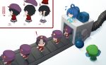  6+girls arms_up backpack bag bangs beret black_hair blue_dress blue_hair blush_stickers camisole chibi closed_eyes commentary conveyor_belt directional_arrow dress dressing eighth_note hair_bobbles hair_ornament hair_rings hair_stick hands_up hat jakomurashi jiangshi kaku_seiga kawashiro_nitori looking_at_another looking_at_viewer looking_up miyako_yoshika multiple_girls multiple_persona musical_note numbered ofuda outstretched_arms partially_translated shirt short_hair sitting skirt standing star touhou translation_request two_side_up vest zombie_pose 