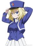  adjusting_clothes adjusting_hat arm_behind_head bangs bc_freedom_(emblem) bc_freedom_military_uniform blonde_hair blue_eyes blue_hat blue_jacket blue_vest closed_mouth commentary cowboy_shot dress_shirt emblem eyebrows_visible_through_hair girls_und_panzer hat high_collar jacket long_sleeves looking_at_viewer medium_hair messy_hair military military_hat military_uniform miniskirt oshida_(girls_und_panzer) pleated_skirt shako_cap shibagami shirt simple_background skirt smile solo standing twitter_username uniform v-shaped_eyebrows vest white_background white_shirt white_skirt 