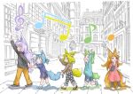  :d animal_ears blonde_hair blue_eyes blue_footwear blue_hair blue_shirt blush_stickers brown_footwear brown_hair brown_shirt child closed_eyes collar commentary_request covering_mouth crosswalk dog_child_(doitsuken) doitsuken dress fang fox_ears fox_tail from_side green_hair grey_footwear grey_shirt hand_over_own_mouth hand_up highres holding_hands long_hair long_sleeves multiple_girls musical_note open_mouth original pants pink_dress polka_dot purple_hair revision shirt shoes shorts smile socks spiked_collar spikes tail tail_grab waving white_legwear yellow_pants 