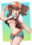  1girl adjusting_hat backpack breasts brown_eyes brown_hair female female_protagonist_(pokemon_lgpe) hat matching_hair/eyes medium_breasts midriff navel nipples no_bra one_eye_closed open_mouth pokemon pokemon_(creature) pokemon_(game) pokemon_lgpe ponytail rainbowscreen shirt_lift shorts simple_background smile solo 