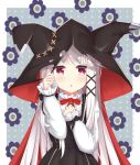  :o absurdres animal_ears animal_hood azur_lane bangs black_bow black_dress blush bow cape center_frills commentary_request dress erebus_(azur_lane) eyebrows_visible_through_hair frills hair_ornament hairclip hands_up highres hood hood_up hooded_cape long_hair long_sleeves parted_lips red_bow red_cape red_eyes shirt silver_hair sleeveless sleeveless_dress sleeves_past_wrists solo very_long_hair voids white_shirt 