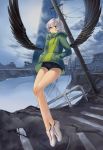  black_shorts black_wings building closed_mouth cloud cloudy_sky floating green_coat hands_in_pockets highres hooded_coat light_frown long_sleeves masoo mechanical_wings original outdoors red_eyes ruins shoes short_shorts shorts silver_hair sky solo utility_pole white_footwear wings 