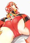  armor ass ass_focus bangs blush close-up commentary_request from_behind homura_(xenoblade_2) looking_at_viewer looking_back lying momochieri on_stomach open_mouth partially_visible_vulva red_eyes red_hair red_shorts short_hair short_shorts shorts spread_legs swept_bangs tiara xenoblade_(series) xenoblade_2 