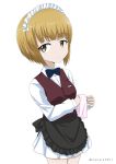  apron bangs bartender black_apron black_neckwear blonde_hair blunt_bangs bow bowtie brown_vest closed_mouth cloth commentary cowboy_shot cutlass_(girls_und_panzer) dress_shirt eyebrows_visible_through_hair frilled_apron frills frown girls_und_panzer glass handkerchief holding long_sleeves looking_at_viewer maid_headdress miniskirt pleated_skirt school_uniform shibagami shirt simple_background skirt standing twitter_username vest waist_apron white_background white_shirt white_skirt wing_collar wiping yellow_eyes 