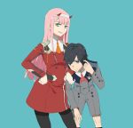  1girl arm_on_shoulder bangs black_hair black_legwear blue_eyes chinese_commentary commentary_request couple darling_in_the_franxx green_eyes hair_ornament hairband hand_on_hip hand_on_own_knee hetero hiro_(darling_in_the_franxx) horns lipstick long_hair long_sleeves looking_at_viewer makeup mark_webber military military_uniform necktie oni_horns orange_neckwear pantyhose pink_hair red_horns red_neckwear scratching_head tongue tongue_out uniform white_hairband zero_two_(darling_in_the_franxx) 