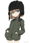  bangs black_hat blonde_hair blue_eyes closed_mouth commentary emblem eyebrows_visible_through_hair frown girls_und_panzer green_jumpsuit hands_in_pockets hat helmet katyusha long_sleeves military military_uniform pravda_military_uniform shibagami short_hair short_jumpsuit solo tank_helmet twitter_username uniform v-shaped_eyebrows white_background 