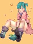  absurdres arms_between_legs bag blue_eyes blush breasts bulma closed_mouth commentary dragon_ball dragon_ball_(classic) dragon_ball_(object) green_hair handbag highres looking_at_viewer orange_background purple_scarf scarf short_sleeves side_ponytail solo trung_doan twitter_username 