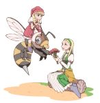  animal bee blonde_hair blue_eyes blush braid bug commentary_request dragon_quest dragon_quest_xi earrings flower frown green_hairband hairband hat highres holding holding_flower insect jewelry juliet_sleeves log long_hair long_sleeves looking_at_another multiple_girls open_mouth oversized_animal pink_flower puffy_short_sleeves puffy_sleeves red_hat riding rokuno senya_(dq11) short_sleeves sitting twin_braids veronica_(dq11) white_background 