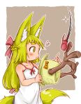  :3 absurdres animal_ears antlers bare_arms bare_shoulders beetle blade blonde_hair bow braid bug commentary doitsuken dress fox_child_(doitsuken) fox_ears fox_tail french_braid grey_background heart highres insect long_hair low-tied_long_hair orange_bow original revision rhinoceros_beetle rhinoceros_ears simple_background solo sparkle tail white_dress yellow_eyes 