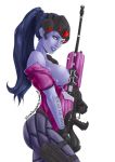  1girl areolae blue_hair blue_skin breasts gloves gun head_mounted_display looking_at_viewer nipples overwatch parted_lips ponytail solo standing tattoo teeth velvetqueenh weapon web_address widowmaker_(overwatch) yellow_eyes 