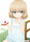  bangs blonde_hair blue_eyes casual chair commentary dress eyebrows_visible_through_hair finger_to_mouth food fork frilled_dress frills fruit girls_und_panzer holding holding_food katyusha looking_at_viewer plate shibagami short_dress short_hair simple_background sitting sleeveless sleeveless_dress solo strawberry table tablecloth toast twitter_username whipped_cream white_background white_dress wooden_chair 