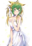  ahoge alternate_costume animal_ears atalanta_(fate) blonde_hair blush braid cat_ears commentary_request dress fate/apocrypha fate/grand_order fate_(series) green_eyes green_hair hair_ribbon highres jewelry looking_at_viewer multicolored_hair ribbon ring smile solo tanaka_arumi white_dress 
