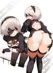  1girl ass ass_grab backless_outfit black_dress black_legwear blindfold breasts cleavage covered_eyes deru06 dress female gluteal_fold hairband highres leaning_forward legs lips multiple_views nier_(series) nier_automata open-back_dress pussy shiny shiny_skin short_hair simple_background small_breasts thigh_gap thighhighs thighs uncensored white_background white_hair yorha_no._2_type_b 
