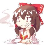 arm_rest bags_under_eyes bangs blank_stare bow brown_eyes chin_rest cigarette closed_mouth commentary detached_sleeves dress eyebrows_visible_through_hair frilled_hair_tubes hair_between_eyes hair_bow hair_tubes hakurei_reimu hand_on_own_face hand_rest long_hair low_twintails neckerchief red_bow red_dress ribbon-trimmed_sleeves ribbon_trim siam_(meow13) simple_background sketch sketch_mouth smoke smoking solo thick_eyebrows touhou twintails upper_body white_background white_collar white_sleeves wide_sleeves yellow_neckwear 
